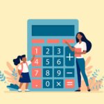 Woman explaining girl how to use calculator. Digit, teacher, child flat vector illustration. Education and calculation concept for banner, website design or landing web page