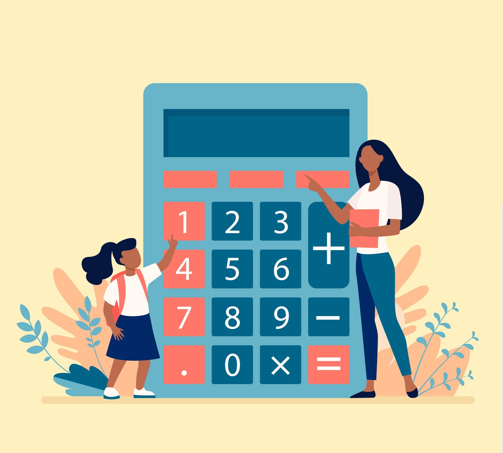 Woman explaining girl how to use calculator. Digit, teacher, child flat vector illustration. Education and calculation concept for banner, website design or landing web page